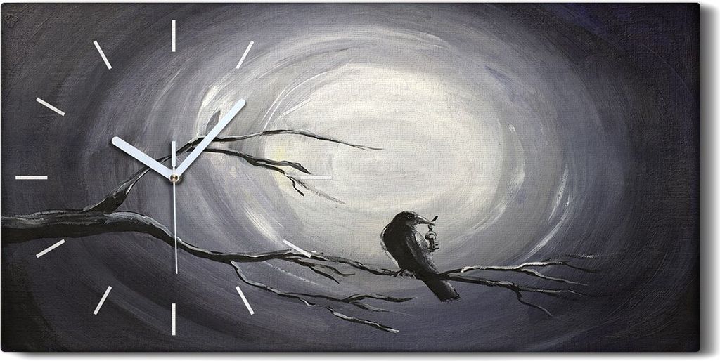 Wohnzimmer-Bild Leinwand Uhr 60x30 Gemälde Abstrakt Nacht Zweig Tier Vogel Kunst - weiße Hände