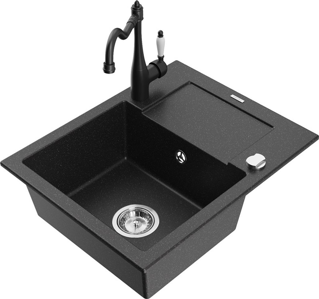 Mexen Enzo 1 Becken-Granitspüle mit Abtropffläche und Mischbatterie Carla, Schwarz/Silbermetallic - 6506-73-670700-70