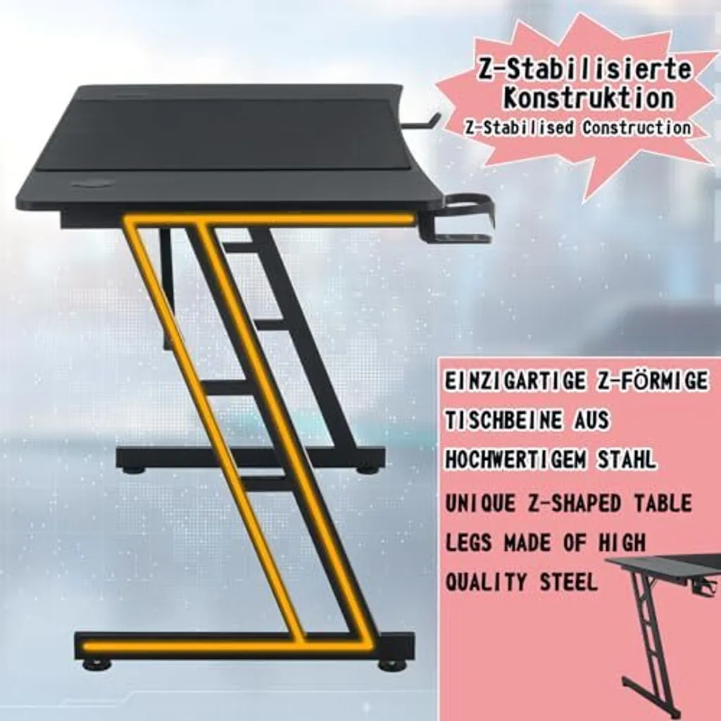 Table de jeu ergonomique 120cm noir, bureau d'ordinateur robuste en Z - 8
