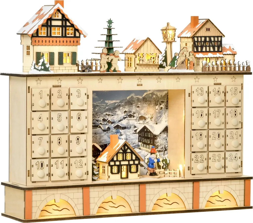 Calendrier de l'Avent à remplir en bois 24 cases maison jaune 44 cm