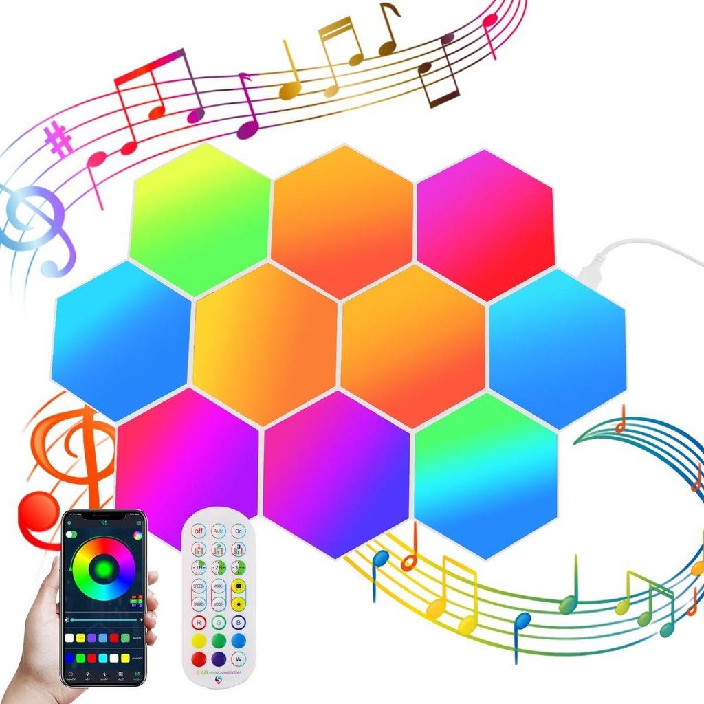 LED Hexagon Wandlampe 10er Set – RGB Gaming Lampe mit Musik Produktbild 