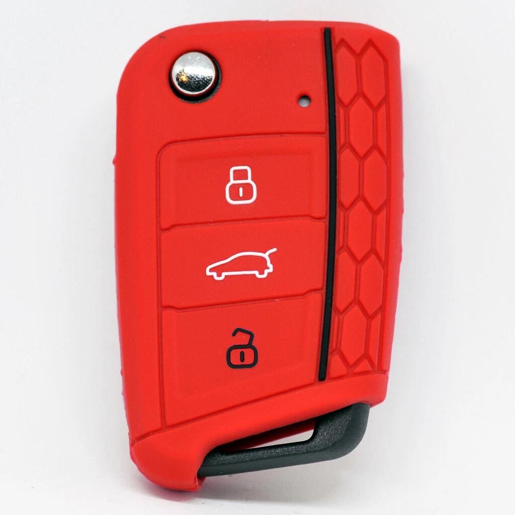 Auto Schlüssel Hülle Silikon Schutz Cover im Wabe Design Rot kompatibel mit Golf 7 Polo 6C Seat Ateca Arona Leon Skoda Octavia Superb Kodiaq 3 Ta...