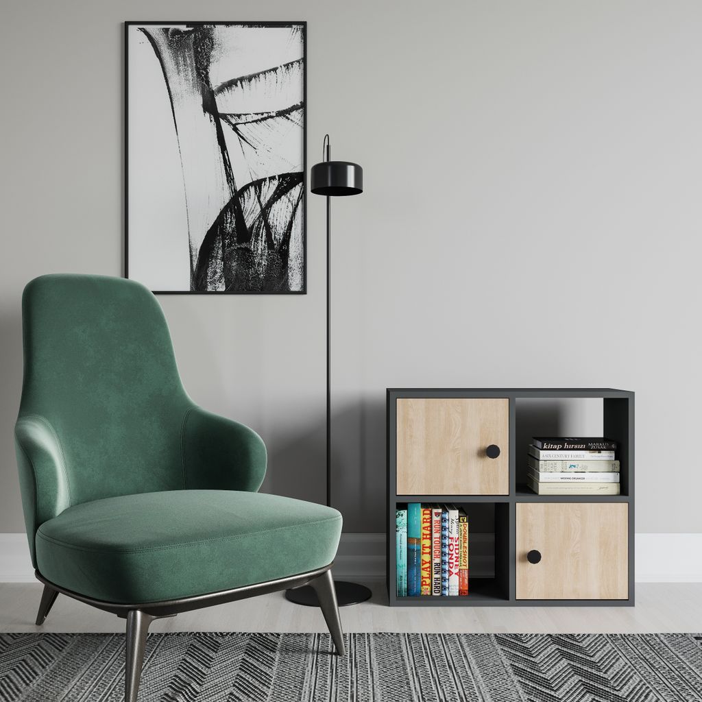 Decorotika Tuttle Praktisches Bücherregal mit 4 Ablagefächern | Anthrazit & Beige