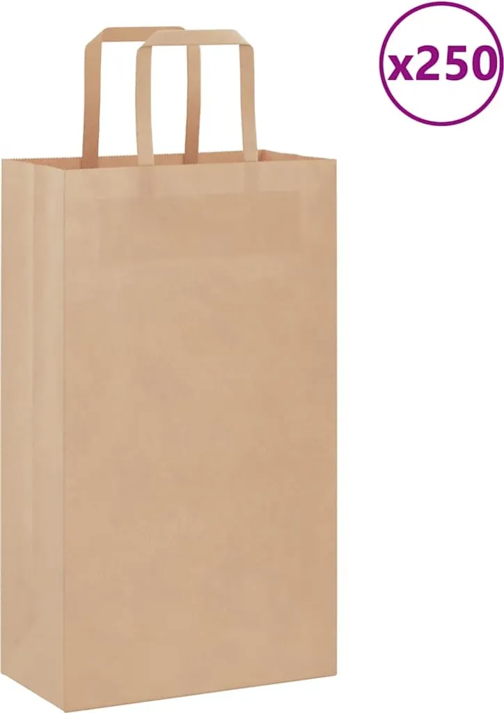 250 Buste Carta Kraft Marrone 21x11x36 cm con Manici per Confezioni