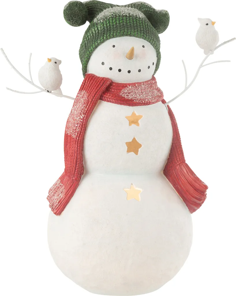 J-Line Bonhomme de Neige avec Oiseaux en Résine Rouge et Vert Large
