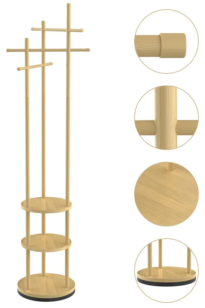 Portemanteau bois noyer pivotant anti-encombrement avec 3 étagères d'entrée