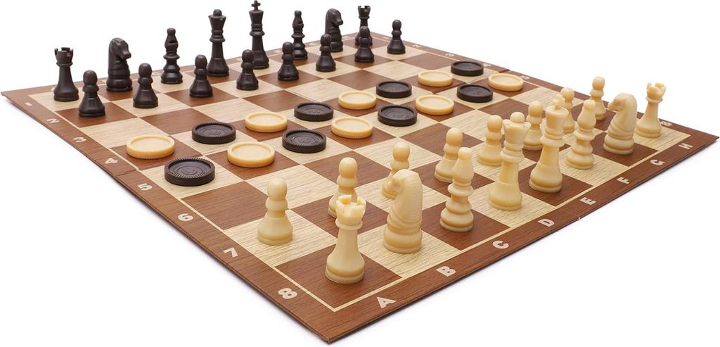 57-teilige Spieleset mit faltbarem Brett und Aufbewahrungsbox - Schach, Dame & Tic-Tac-Toe - Für Kinder ab 3 Jahren