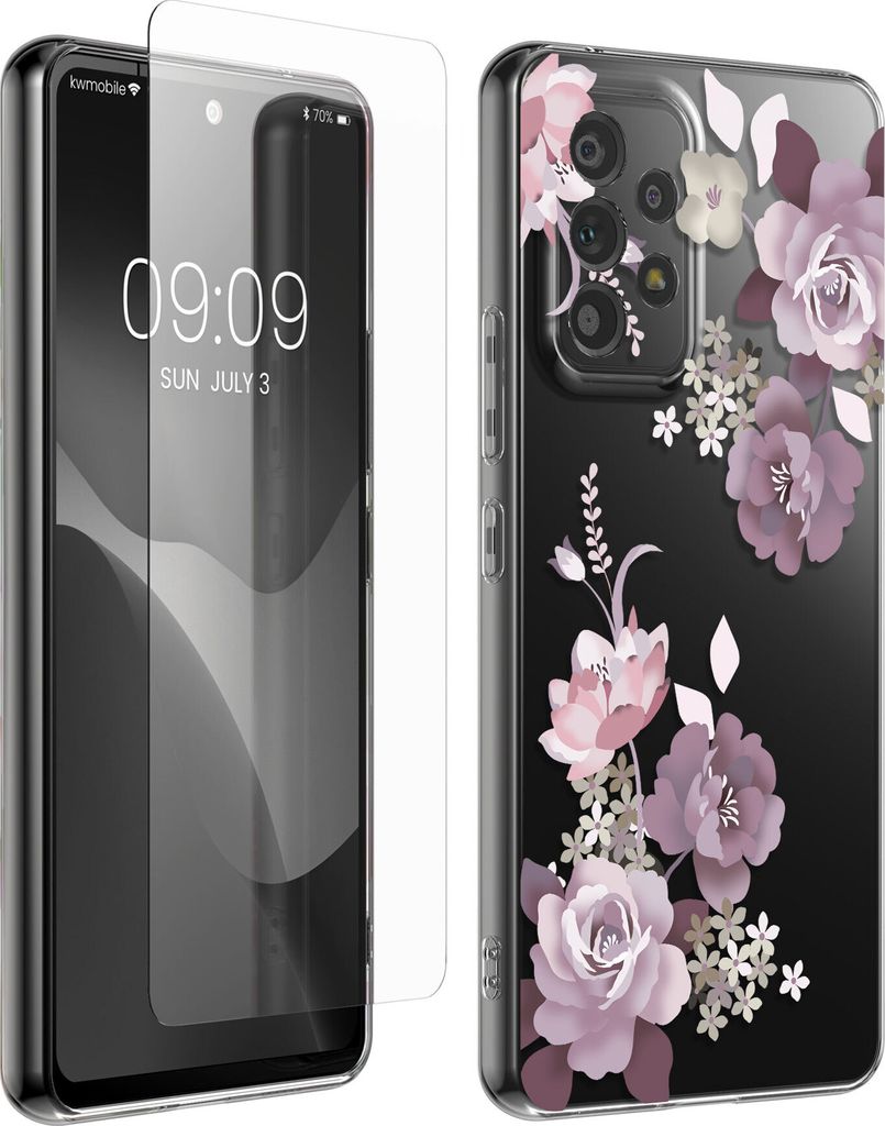 kwmobile Hülle kompatibel mit Samsung Galaxy A53 5G Handyhülle - Silikon Case transparent - Mit Glas Schutzfolie - Blumenblüten und Rosen Pastel...