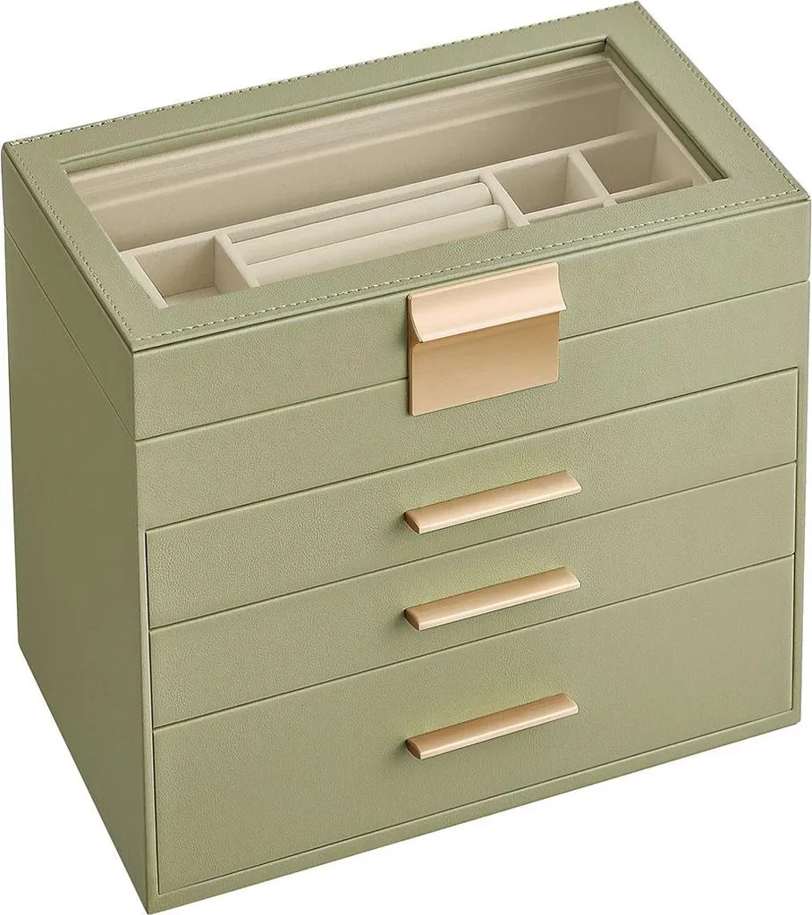 Coffret bijoux 4 niveaux anti-nœuds vert laurier - Rangement Sécurisé