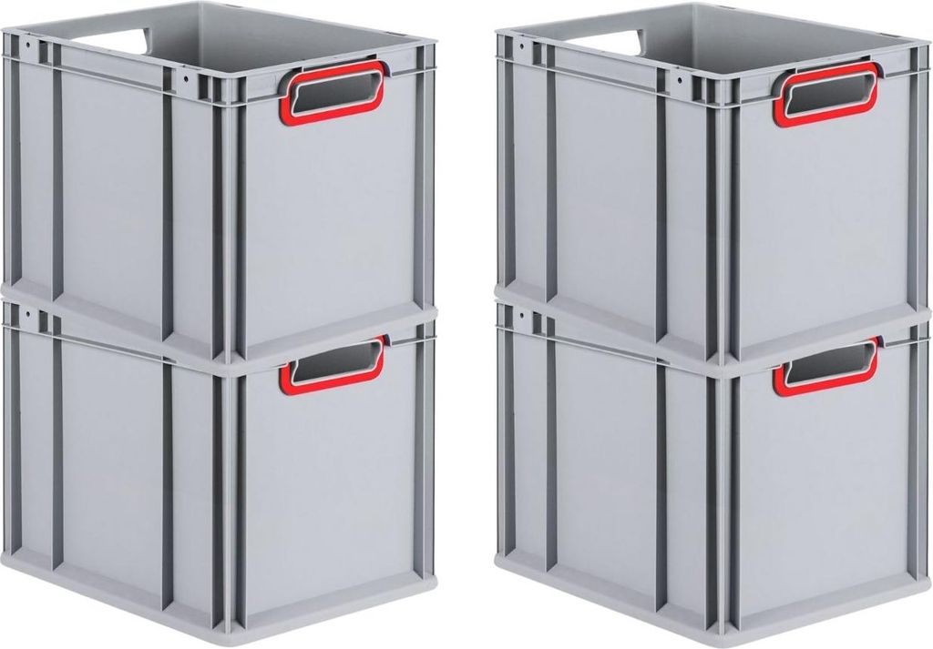 SuperSparSet 4x Eurobox NextGen Color | HxBxT 32x30x40cm | 30 Liter | Griffe rot offen | Glatter Boden | Eurobehälter, Transportbox, Transportbeh...