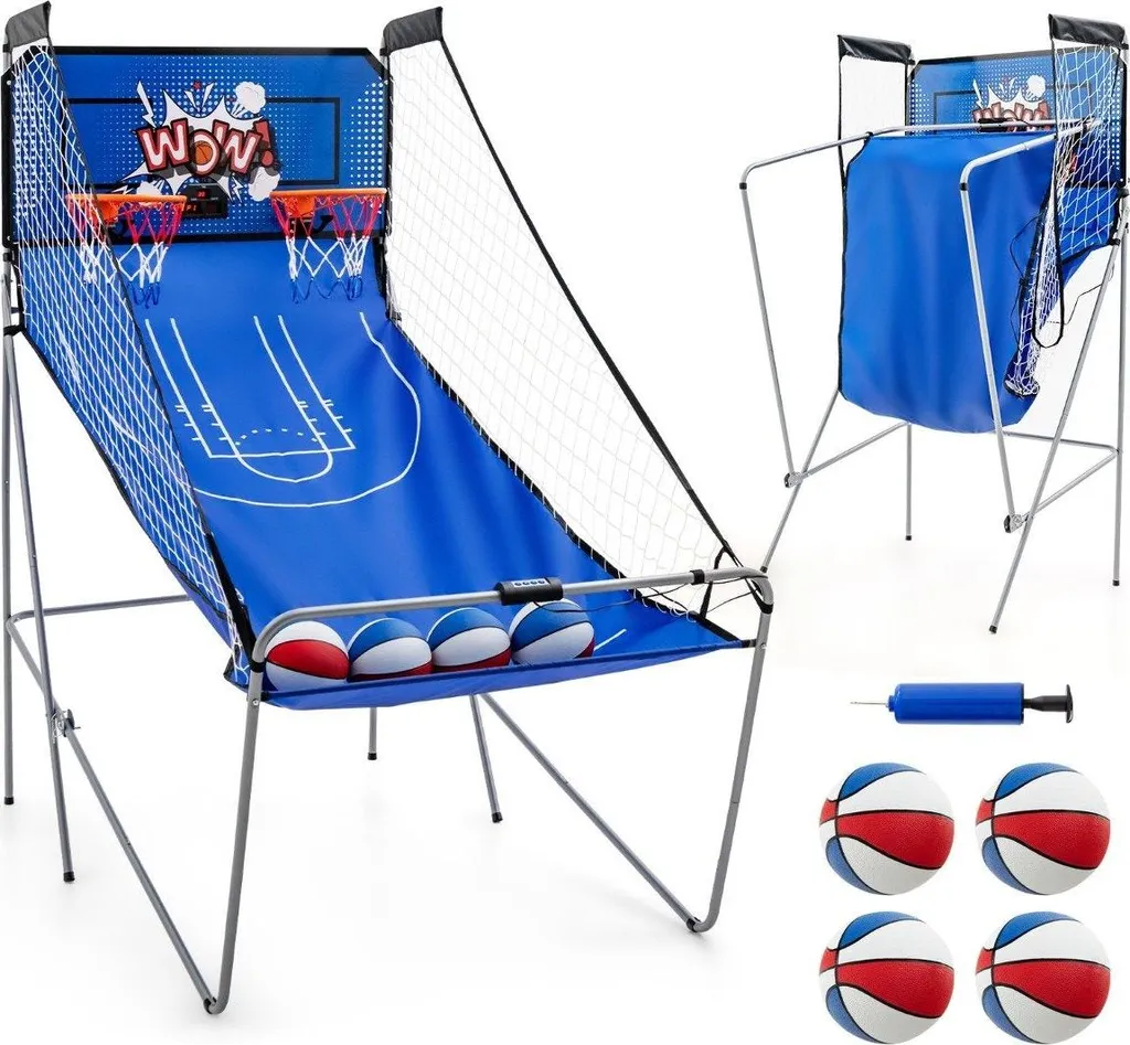 Double Panier de Basket Arcade Pliable avec 8 Options de Jeu et Pompe