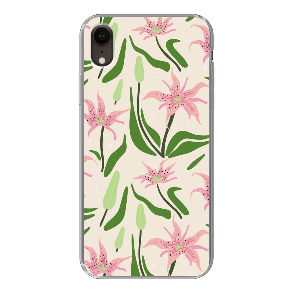 MuchoWow Handyhülle Schutzhülle Hülle für iPhone XR Blume - Rosa - Blatt Silikon Softcase Handy Hülle - Schutzdeckel