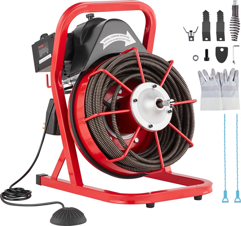 A red and black drain cleaning machine with a coiled cable, along with various accessories.