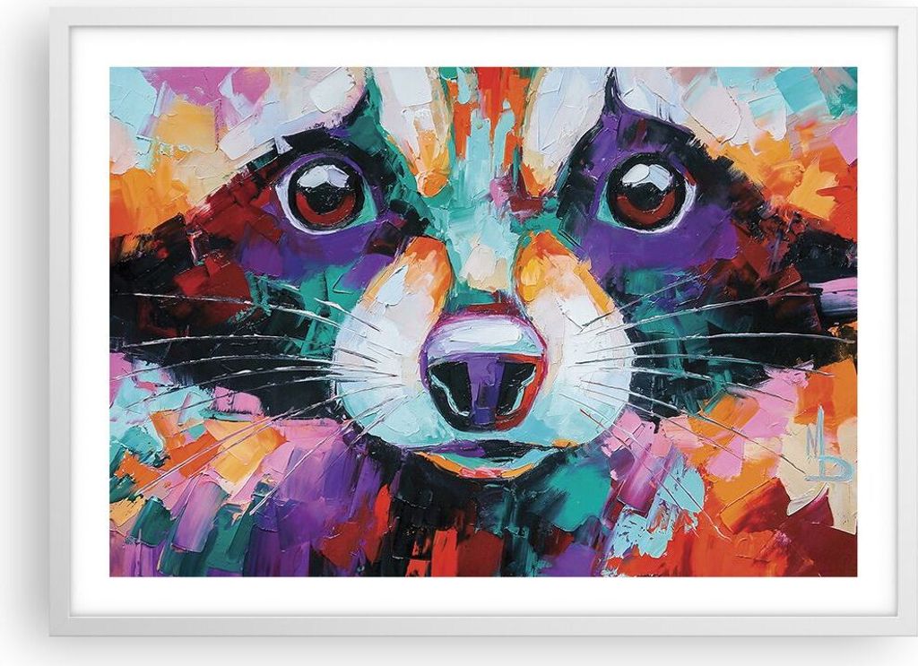 Gerahmtes Poster - Weißer Rahmen - Waschbär Bunt Öl - 70x50 cm - Wand Bild - Wanddeko - Wandbilder - Kunstposter - Wandposter - Bilderrahmen - B...