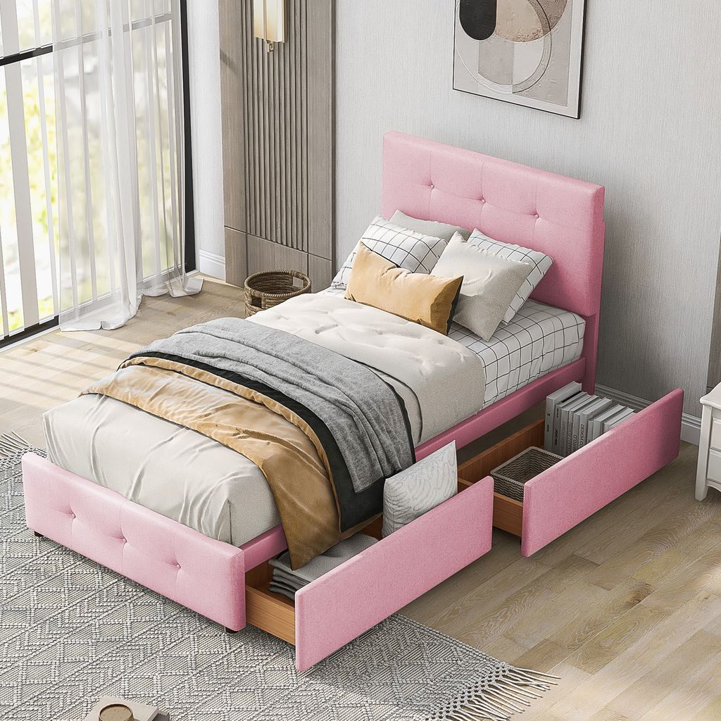 okwish Kinderbett Polsterbett 90x200cm mit 2 Schubladen, Massivholzbett Einzelbett mit Lattenrost, Jugendbett flachbett, Samtstoff(Ohne Matratze)- ...