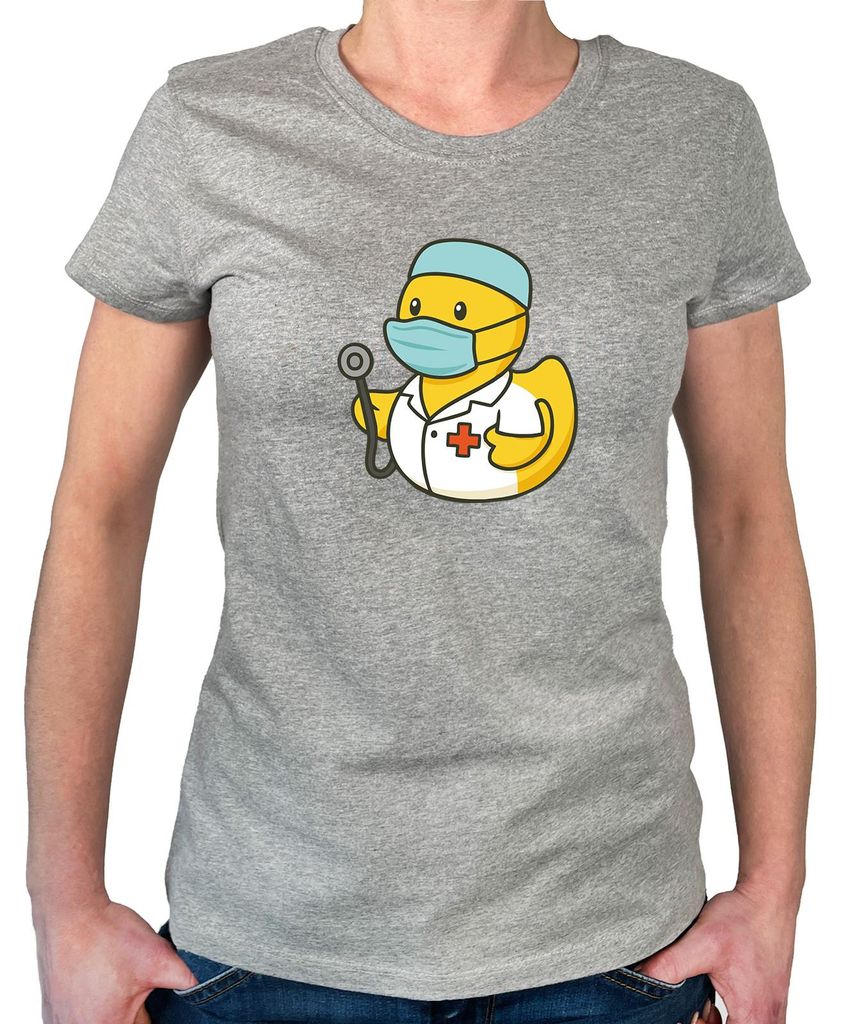 Huuraa Damen T-Shirt Quietscheente Medizin Comic Gummiente XL Sport Grey Bio Baumwolle Fairtrade Damenshirt Geschenkidee