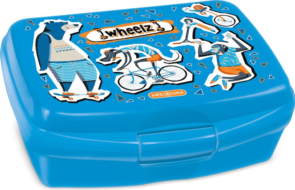 ARS UNA Lunchbox Brotzeit Brotdose Brotbüchse für Schule und Freizeit, Wheelz - Bär mit Roller, blau, für Jungen