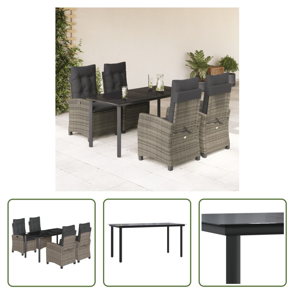The Living Store 5-tlg. Garten-Essgruppe mit Kissen Grau Poly Rattan