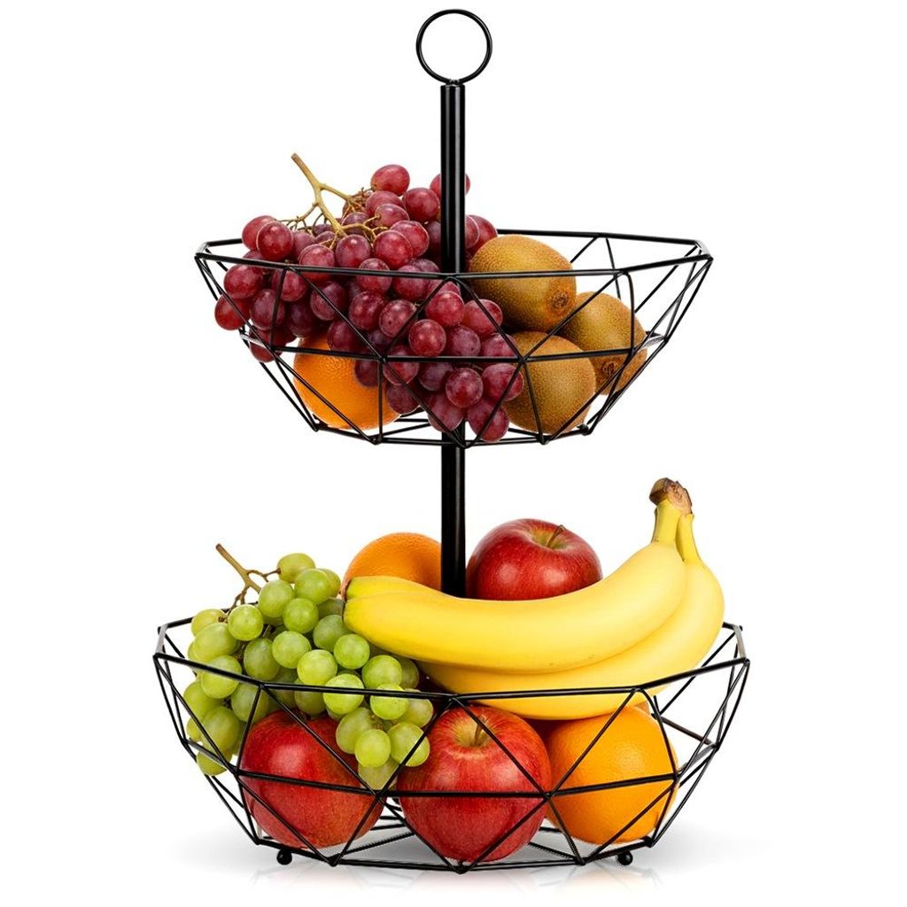 Vilde Korb für Obst und Gemüse aus Metall | Aufbewahrungskorb | Obst-Etagere 2-stöckig | Im geometrischen LOFT-Stil | Schwarze, industrielle Sch...