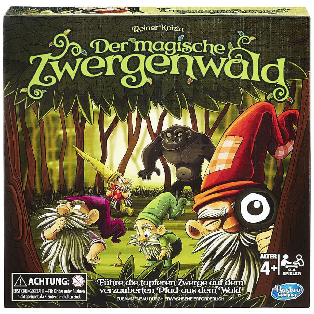 The image shows the box art for a board game called 'Der magische Zwergenwald' (The Magical Dwarf Forest). It features cartoon-like illustrations of gnomes and a large ape in a forest setting.