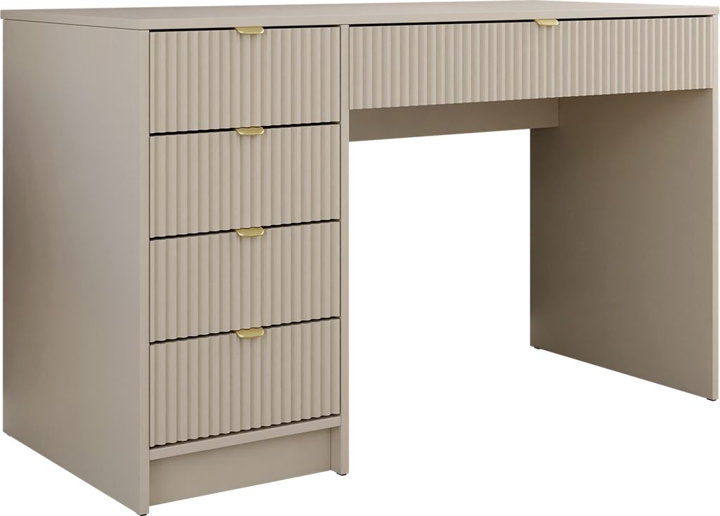 A studio shot of a sandbeige desk with fluted drawers and gold handles.