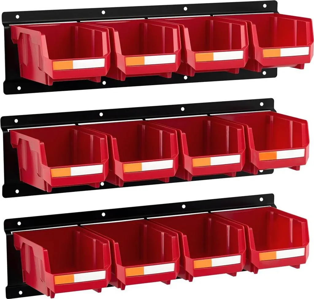 Bacs de rangement muraux 12 pcs et 3 rails, organiseur plastique rouge