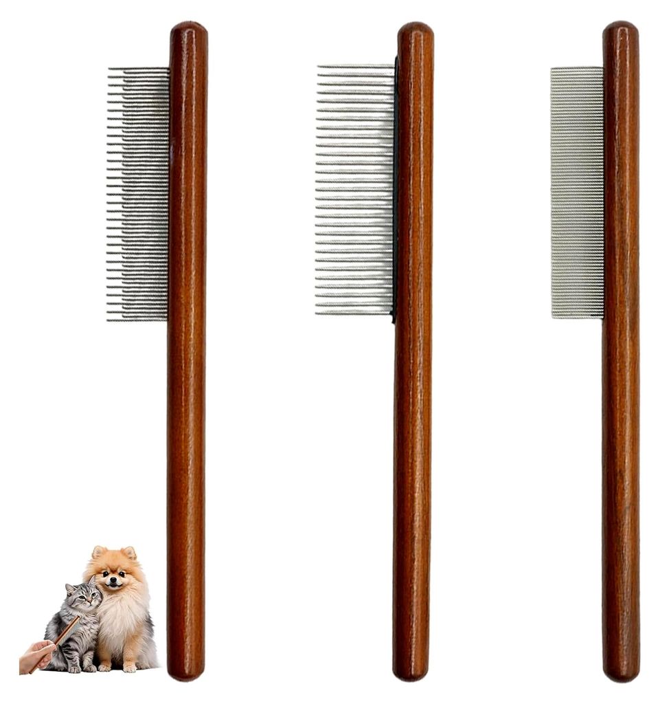 3-teiliges Set aus Edelstahl-Kämmen für Katzen und Hunde – Hochwertiger Makramee-Fransenkamm mit Holzgriff, rostfreier Kamm zum Entwirren für ...
