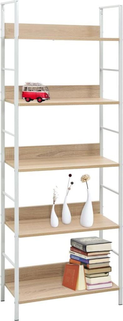 A tall, narrow bookshelf with five shelves, displaying decorative items and books.