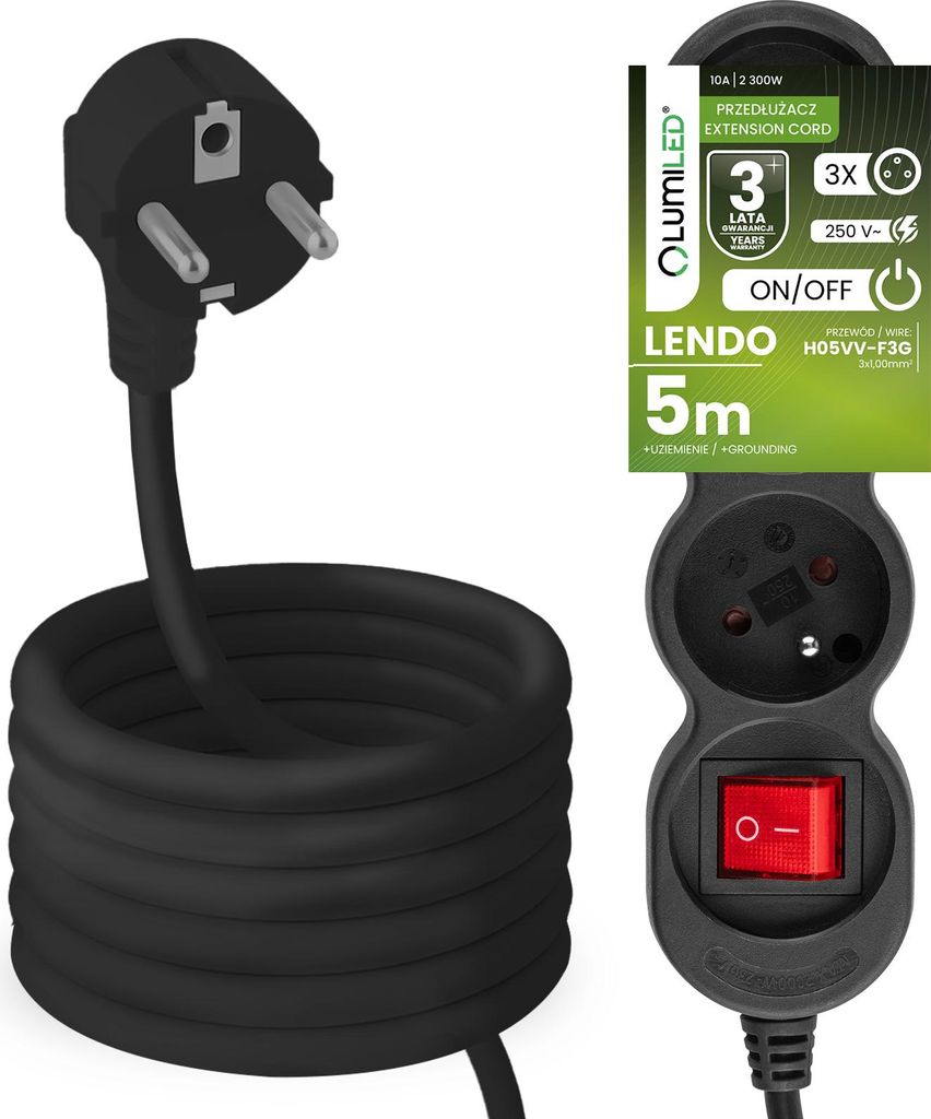 LUMILED Steckdosenleiste mit ON/OFF Schalter 3-Fach Steckdose Typ E, 5m Kabel H05VV-F3G schwarz Mehrfachsteckdose E Stecker 10A 2300W 250V IP20 Hal...
