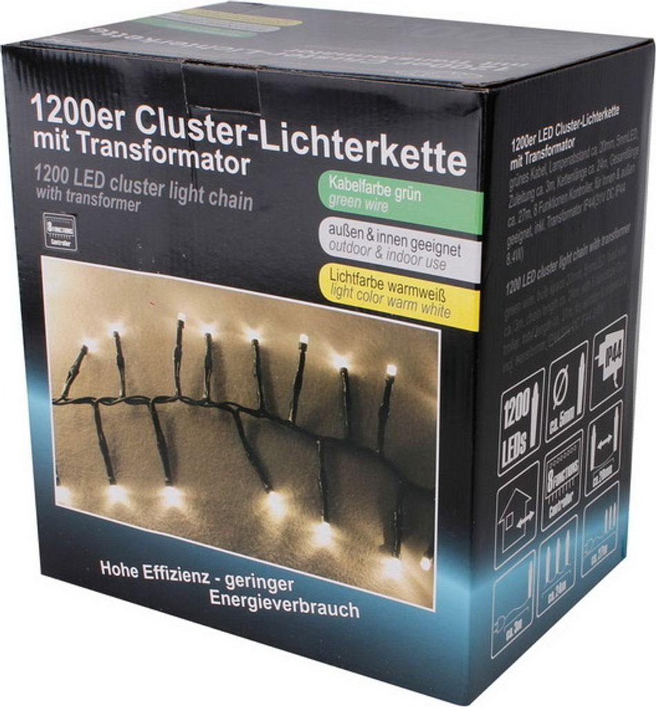 The image shows the packaging of a 1200 LED cluster light chain with a transformer.