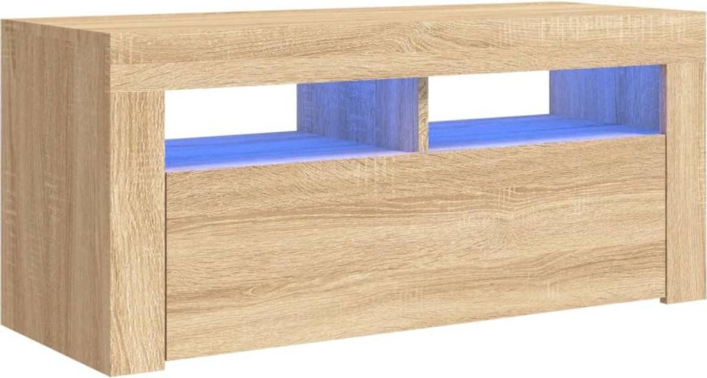 A light brown wooden TV stand with blue LED lighting visible in the open compartments.