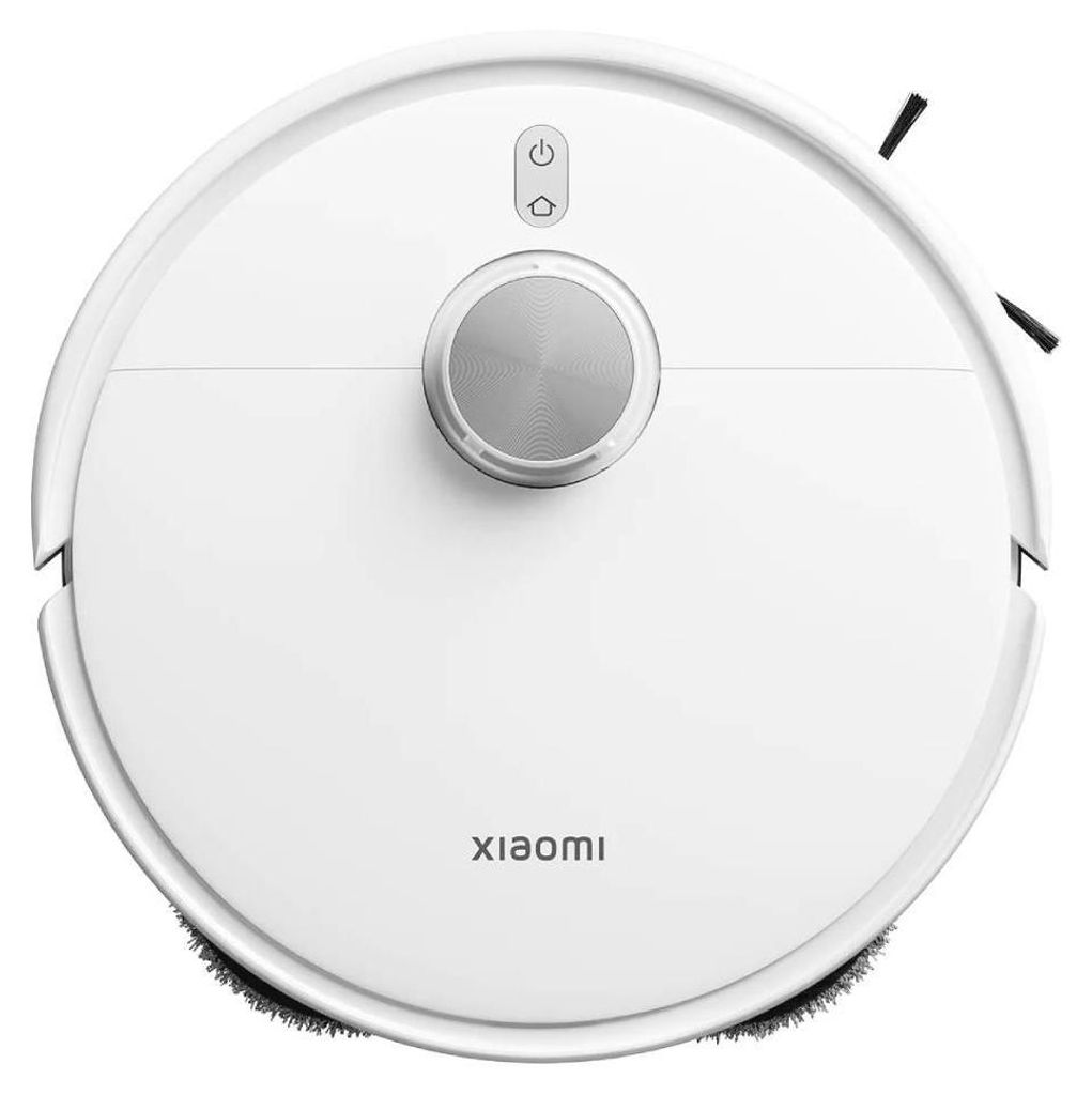 A top-down view of a white robot vacuum cleaner.
