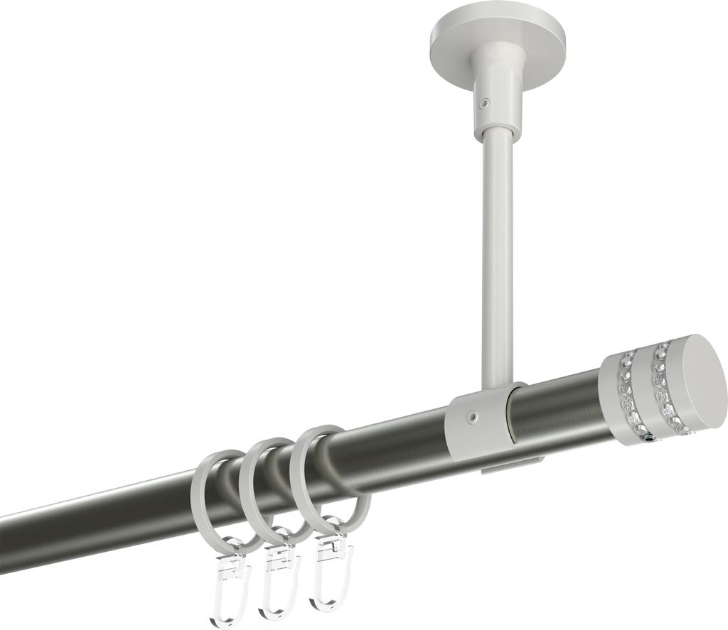 Interdeco Gardinenstange / Vorhangstange Edelstahl-Optik / Weiß, Typ Sonette Estana (Glitzerkappe) Deckenmontage, 20 mm Ø 1-läufig, 220 cm