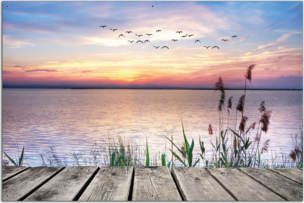 Wallario Outdoor-Poster für Garten oder Balkon, Motiv Seepanorama mit Schilf und fliegenden Vögeln, in ca. 61 x 91,50 cm