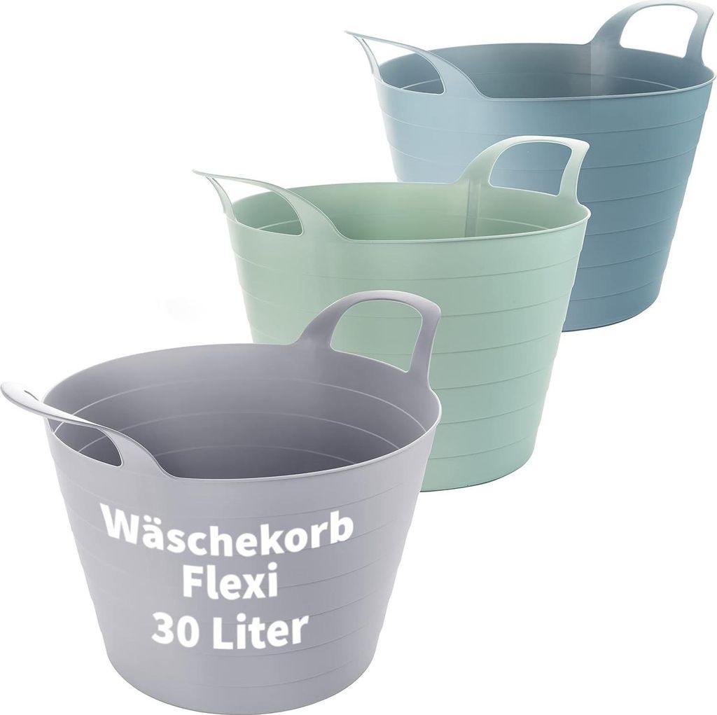 Three flexible laundry baskets in different colors are stacked on a white background.