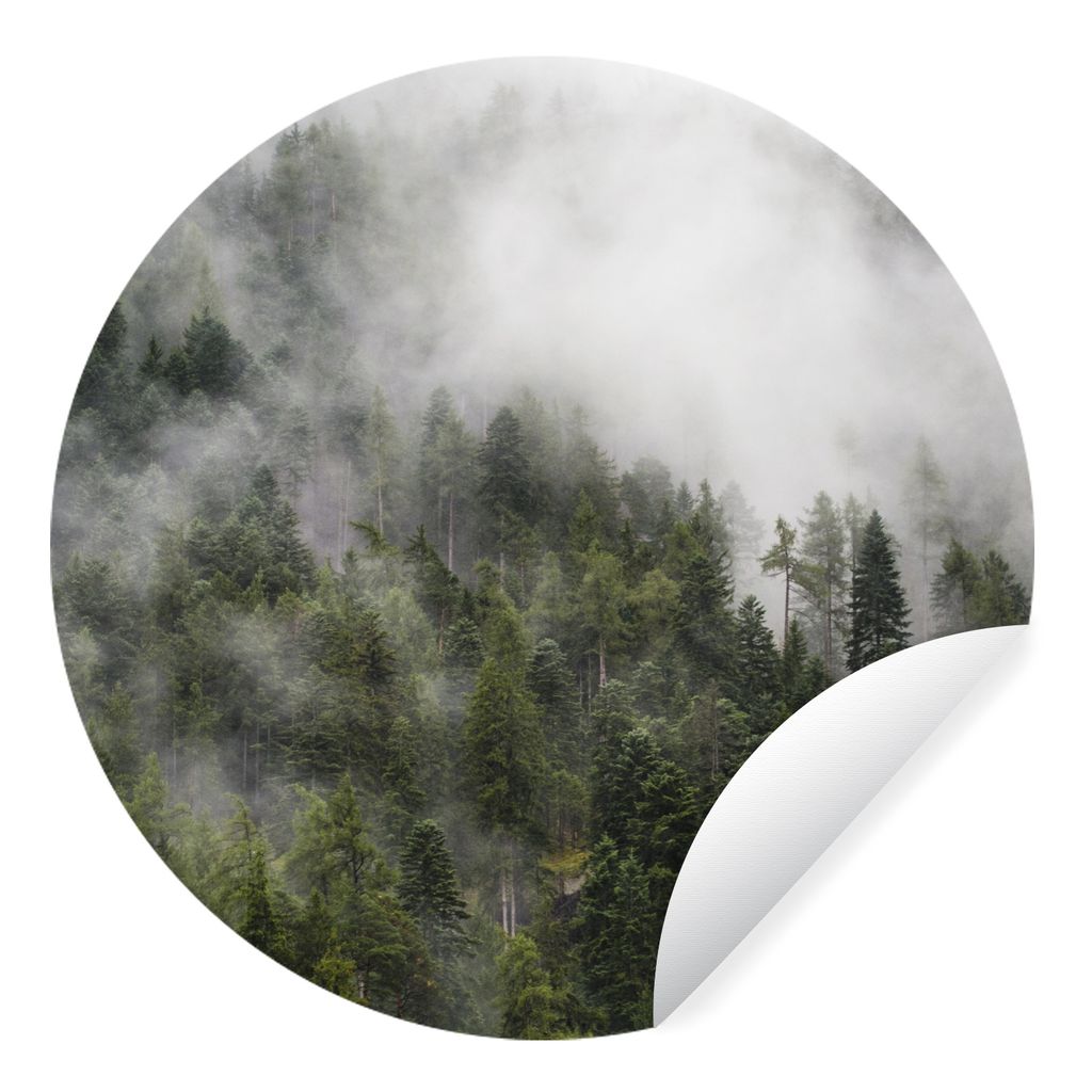 MuchoWow Runde Wandtattoo - Wandsticker Tapete Aufkleber Wald - Nebel - Berg Ø 30 cm Selbstklebend und Repositionierbar - Wandaufkleber - Kreis ...