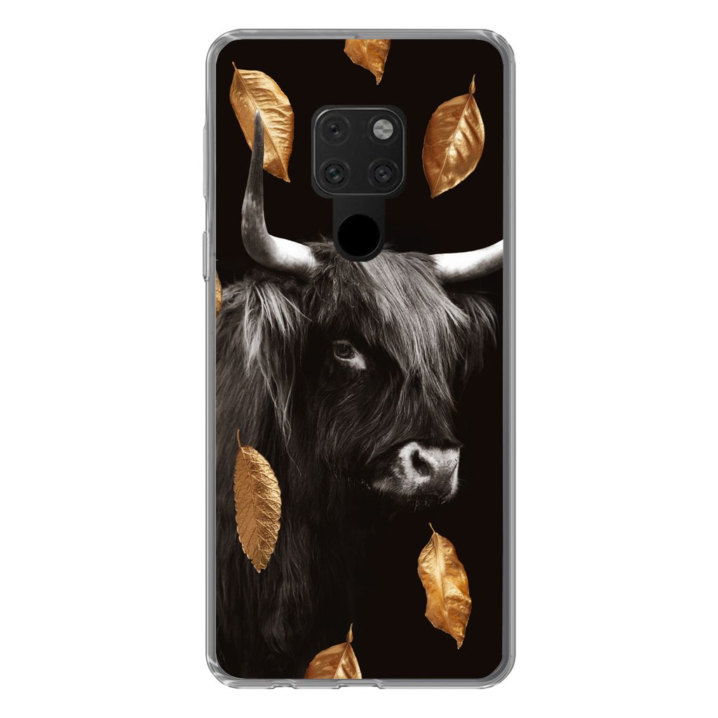 MuchoWow Handyhülle Schutzhülle Hülle für Huawei P40 Lite Schottischer Highlander - Blätter - Gold - Schwarz Silikon Softcase Handy Hülle -...