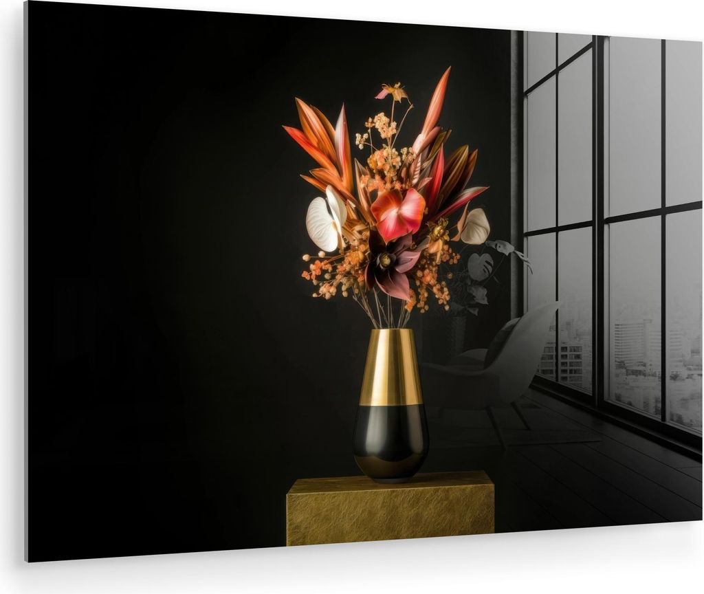 MuchoWow Glasbilder - Bilder auf Wandbild - Foto auf Glas Exotisch - Blumenstrauß - Vase - Gold 120x80 cm Wanddekoration aus Glas - Acrylglasbild ...