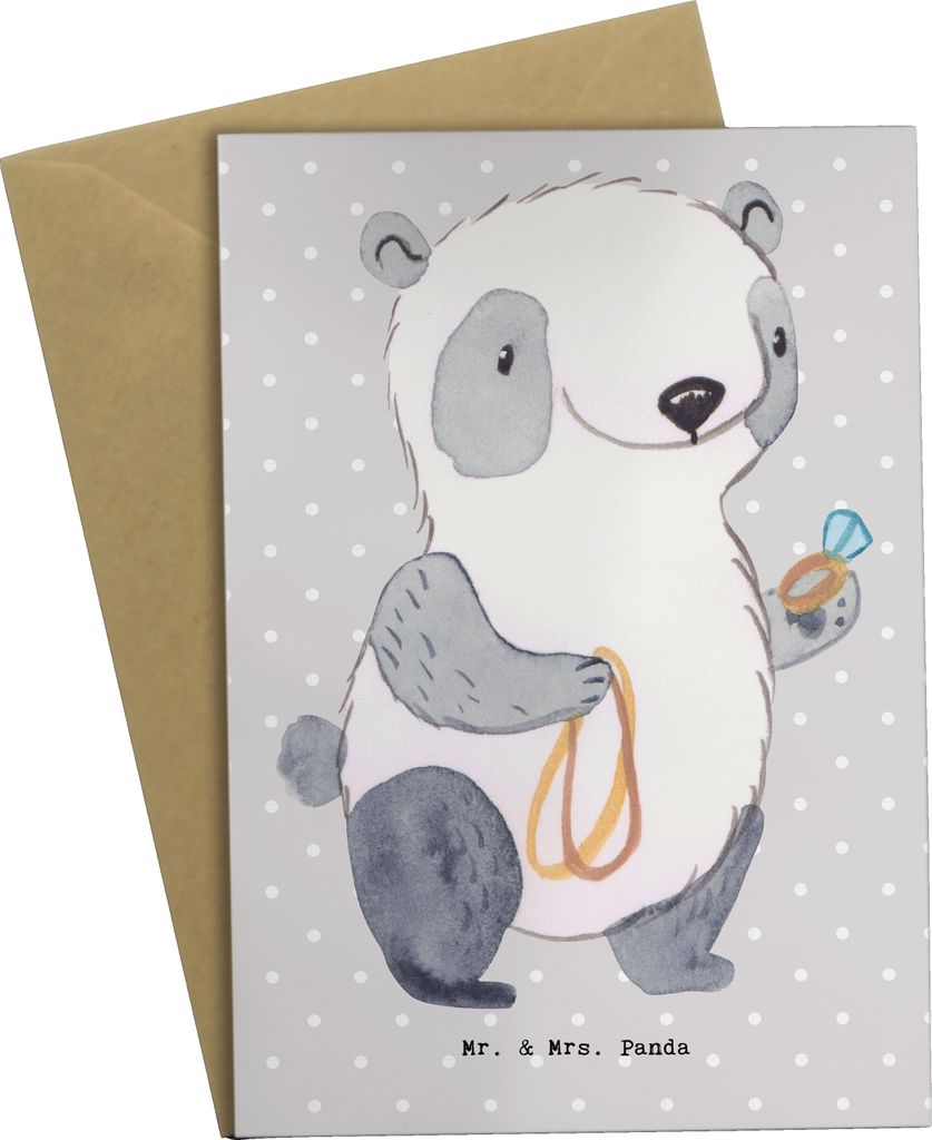 Mr. & Mrs. Panda Klappkarte Schmuckverkäufer Herz - Grau Pastell - Geschenk, weihnachtskarten, Goldschmied, osterkarten, Goldschmuck, einladungska...