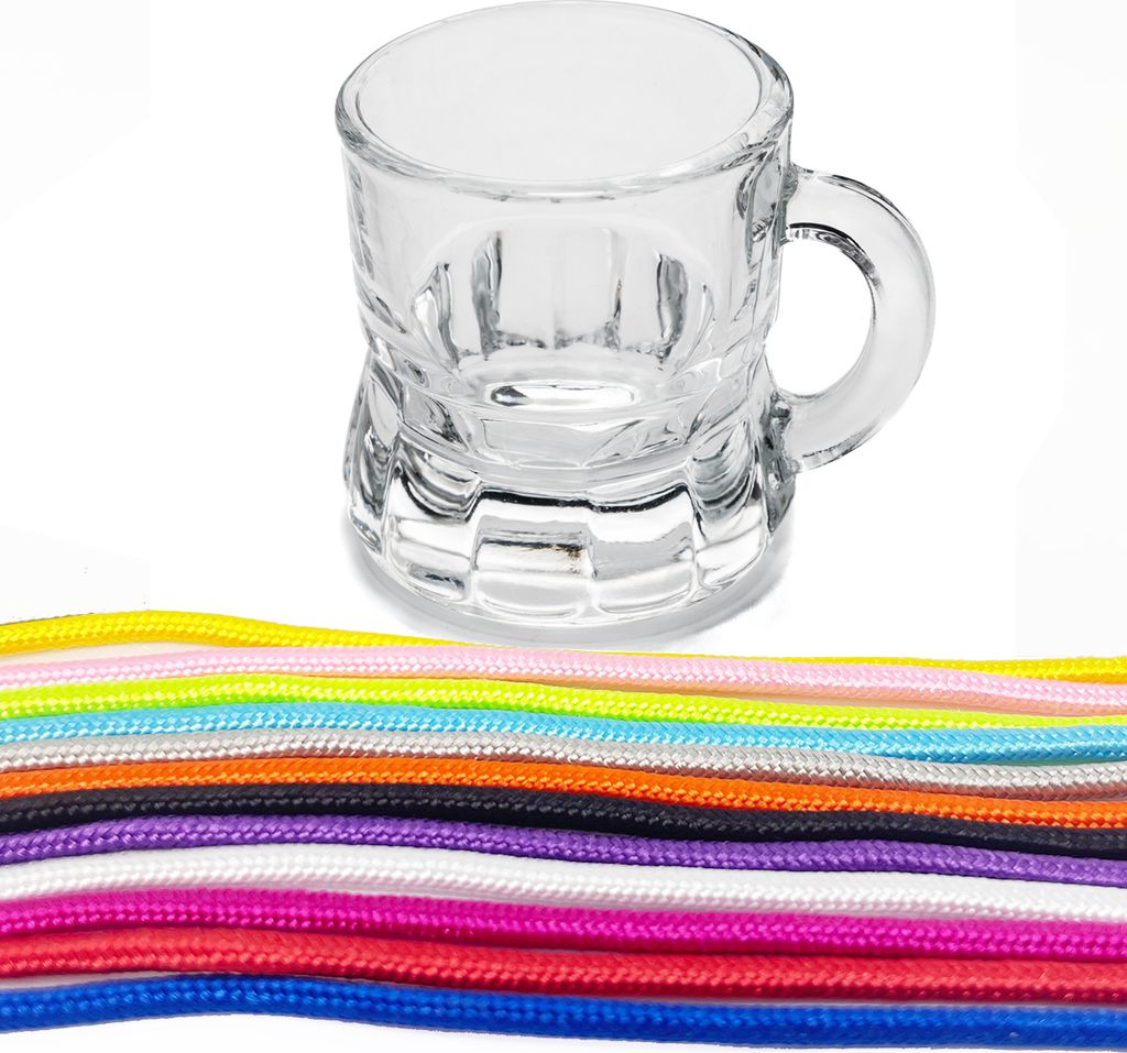 24x Schnapsgläser zum Umhängen aus Glas, Henkelstamper 30770 bunte Bänder