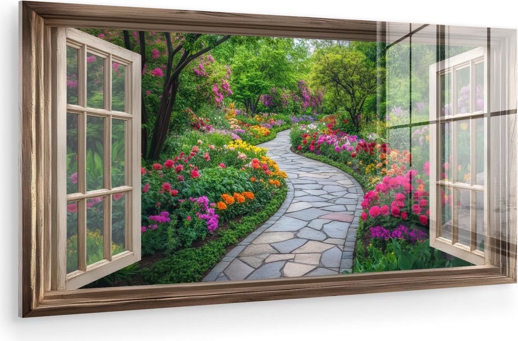 MuchoWow Glasbilder - Bilder auf Wandbild - Foto auf Glas Aussicht - Blumen - Gartenweg - Natur - Fenster 40x20 cm Wanddekoration aus Glas - Acrylg...