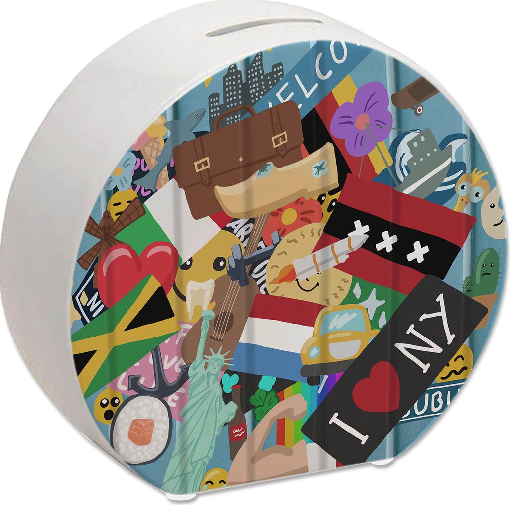 Spardose aus Keramik im Koffer Design mit Stickeroptik aus verschiedenen Ländern