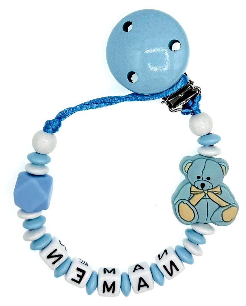 Schnullerkette mit Namen "Bär mit Schleife/Bär" in verschiedenen Farben für Babys, Unisex, personalisiert, handgefertigt (Babyblau Weiß)