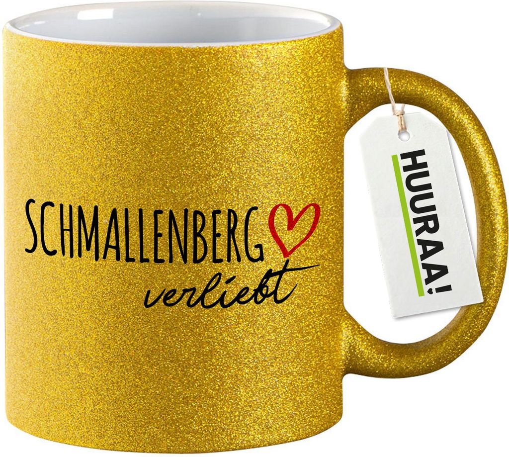 Huuraa Glitzertasse Schmallenberg verliebt 330ml Gold Keramik Kaffeebecher Geschenkidee