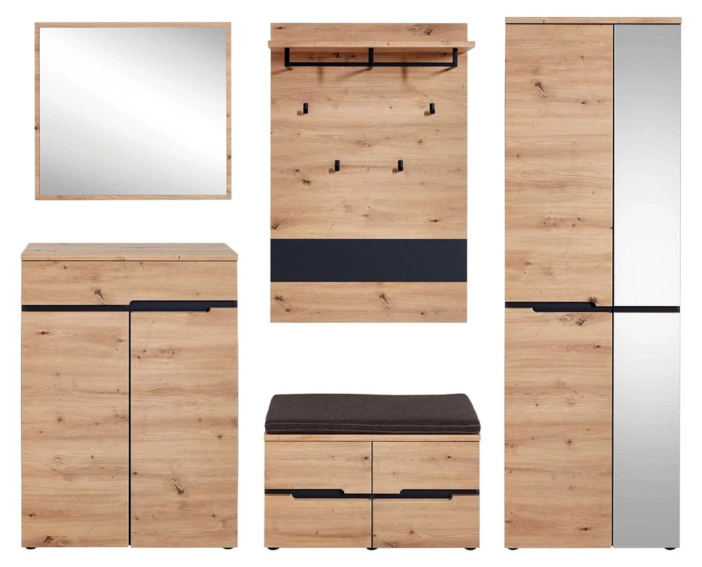 Garderobe 30 A1 GH 80 Memphis Artisan Eiche Nb. 5tlg. Komplett mit Spiegel und Schuhschrank B/H/T: 255/197/38