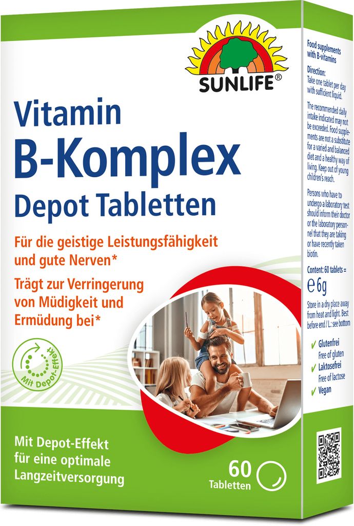 SUNLIFE Vitamin B-Komplex Depot Tabletten 60 Stk Energiestoffwechsel Langzeitversorgung Energie Nervensystem + Aminosäuren & Vitamin B1 B2 B6