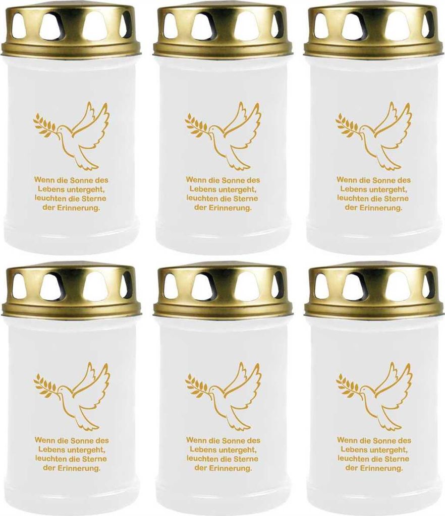 Grabkerze Weiß 6er Pack ( Druck Gold ), 48 Stunden/Kerze, Motiv: Taube