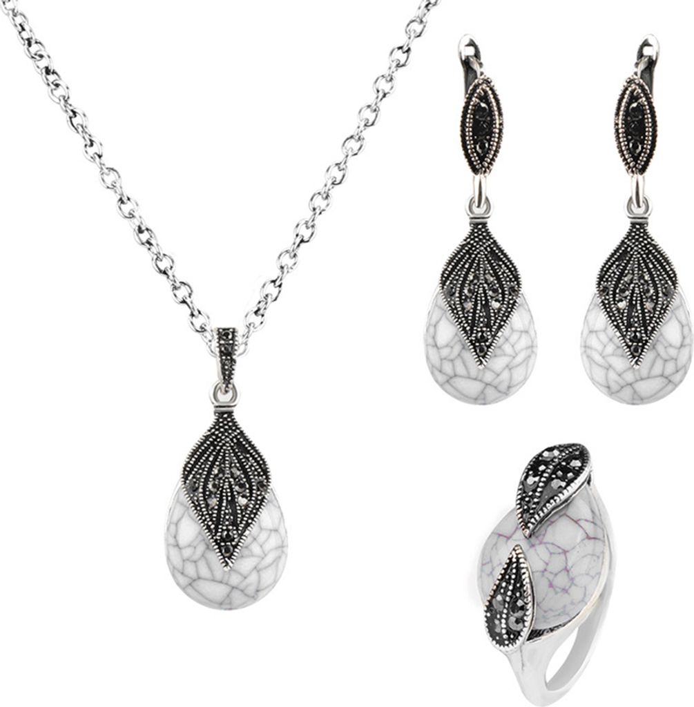 Blatt-Wassertropfen-Faux-Türkis-Anhänger-Halsketten-Ring-Ohrringe-Frauen-Schmuckset-Weiß,US 7
