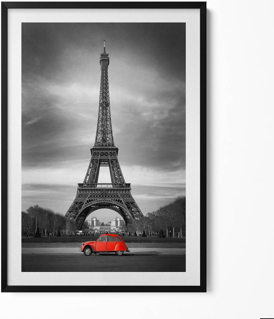 Rotes Auto vor dem Hintergrund des Eiffelturms– Wandbild mit Rahmen – Gerahmtes Bild – Wanddekoration – 70x100 cm – Schwarz Rahmen