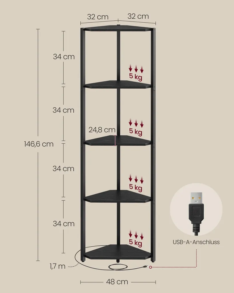Bibliothèque d'angle 5 tablettes et LED intégrées - Rangement Noir Ébène